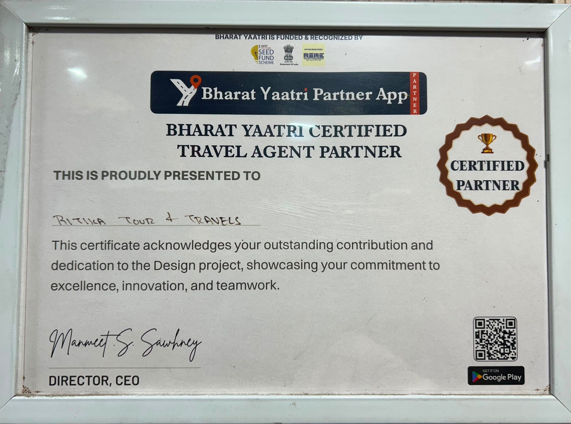 Bharat Yaatri Certified Travel Agent Partner certificate for Ritika Tour & Travels