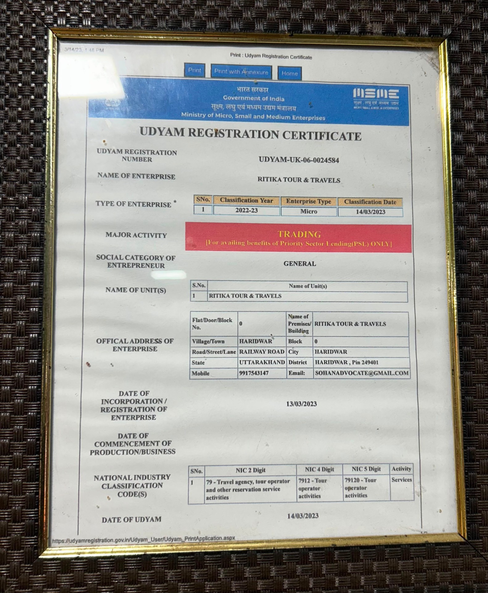 Udyam MSME Registration Certificate for Ritika Tour & Travels