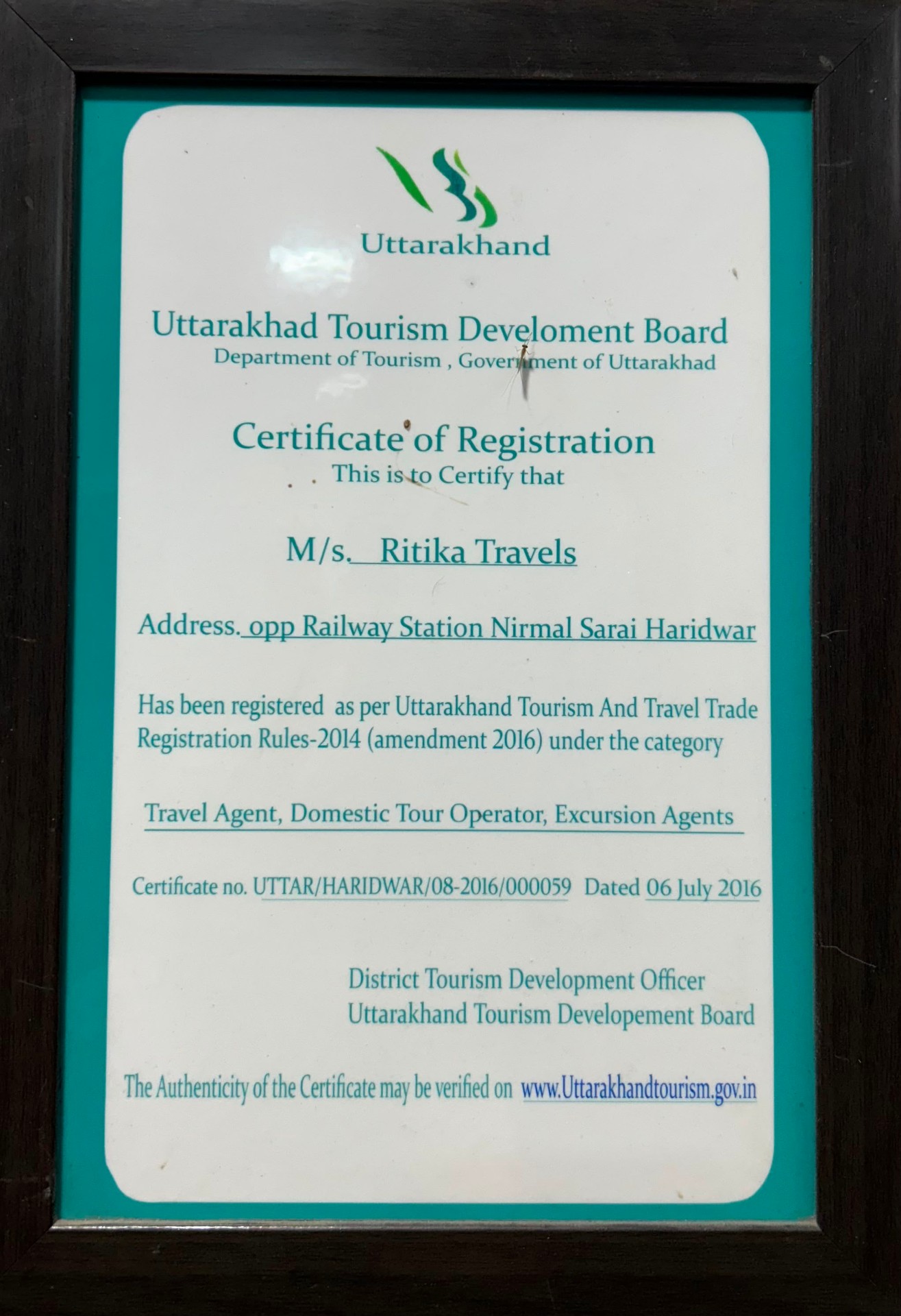 Uttarakhand Tourism Development Board Certificate of Registration issued to Ritika Travels
